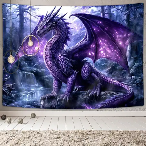 Purple Dragon Tapestry, Medieval Magic Fantasy Cool Animals Art Tapestry for Bedroom Men Boys, Wildlife Dragon Aesthetic Poster