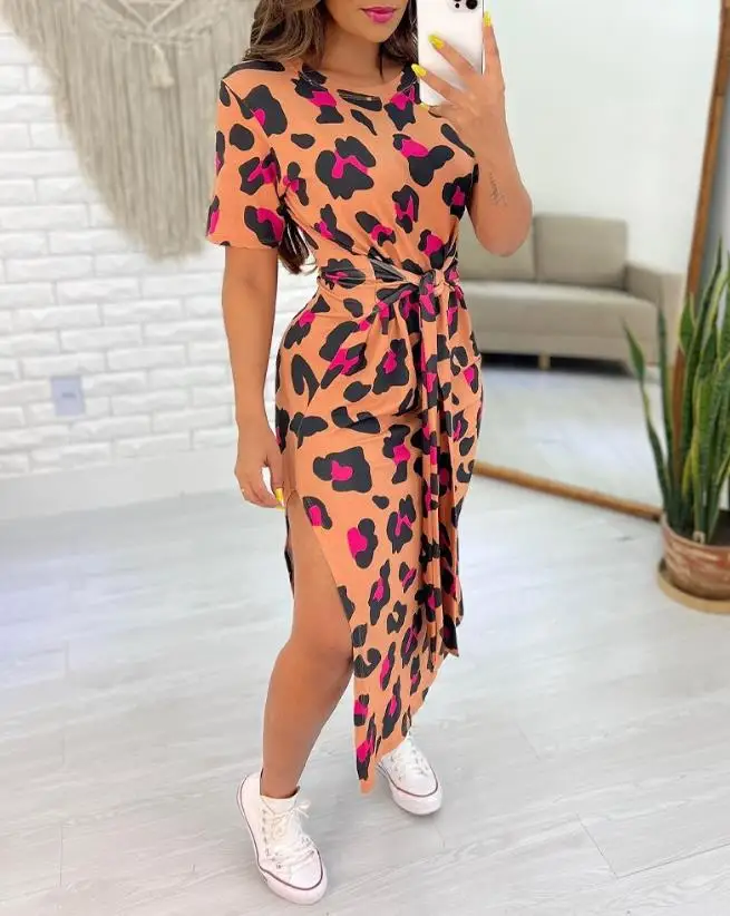 Women's Fashion Dresses 2023 New Summer Sexy Pink Leopard Print Tied Detail Slit Side Split Skirt Casual Waist Retraction Dress