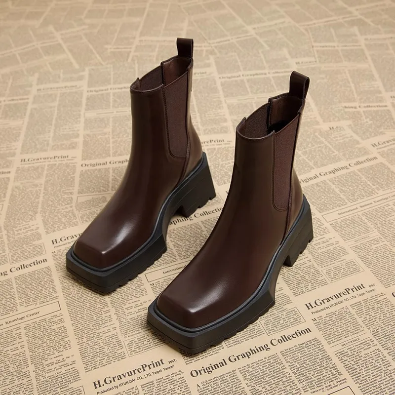 women's fashion chelsea boots brown genuine leather shoes high heels platform boot designer square toe motorcycle ankle botas