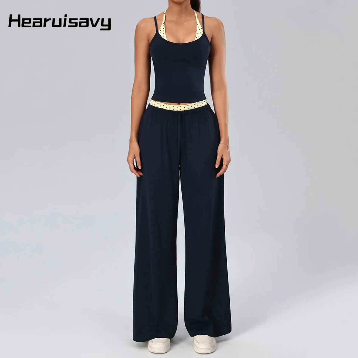 Hearuisavy Women 2Pcs Yoga Set Polka Dot Layered Sports Tank Top High Waist Straight Wide Leg Fitness Pants Gym Workout Clothes