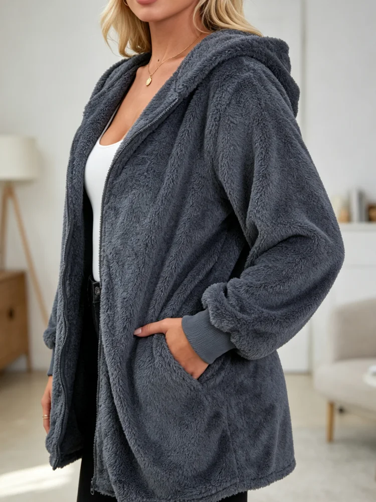 Fleece-Hoodie-Jacke für Damen mit Reißverschluss, Langarm, Locker Geschnittener Plüschmantel mit Taschen, Lässige Warme Winter-Oberbekleidung für den Alltag zu Hause – Detail 3