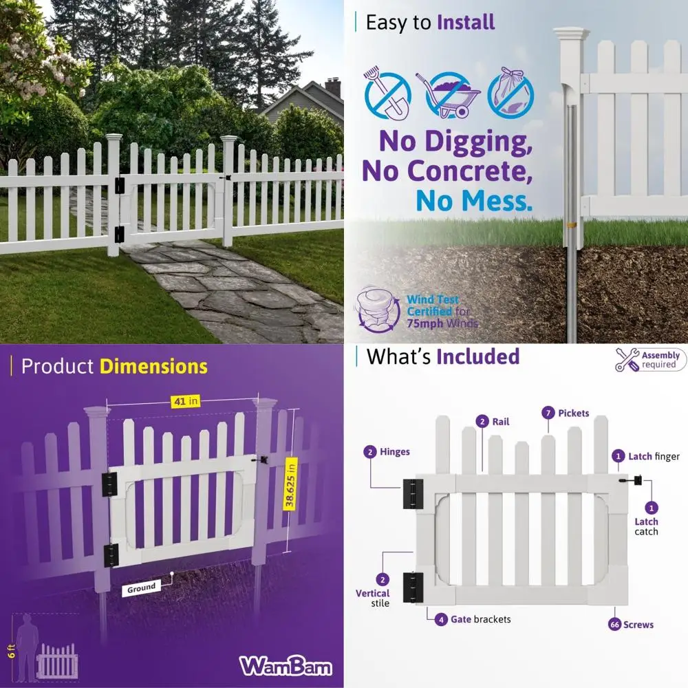 

3ft H x 3.5ft W No Dig WamBam All American Gate Kit, White Vinyl Picket Yard Gate w/Hardware, Outdoor Gate for Patio & Yard, ZP1