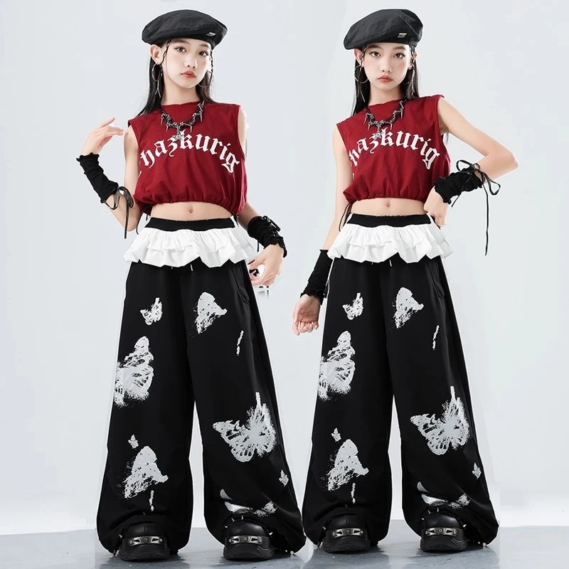 

Kpop Одежда для джазовых танцев для девочек, костюмы в стиле хип-хоп, укороченный топ без рукавов, брюки, костюм для уличных танцев, одежда для подиума, DQL11429