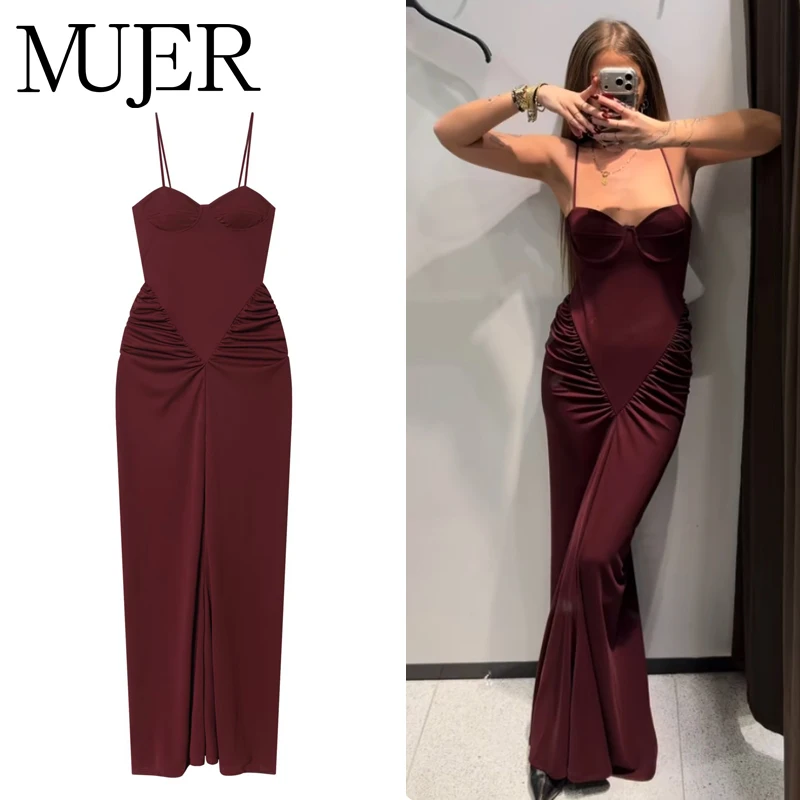 MUJER Plissiertes Maxikleid für Damen, Sommer-Korsett-Kleider für Frauen, Sexy Rückenfreies Damenkleid mit Trägern, Abendkleider für Partys