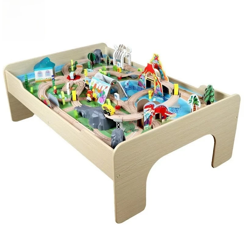 Dinosaur World Wooden Train Track Set Large Wooden Train Set with Table