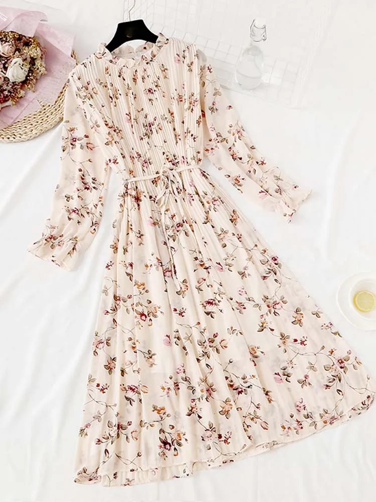 2023 Summer Women Ruffled Long-Sleeved Chiffon Dress High Waist Floral Broken Flower Beach Midi Dresses Pleated Vestidos
