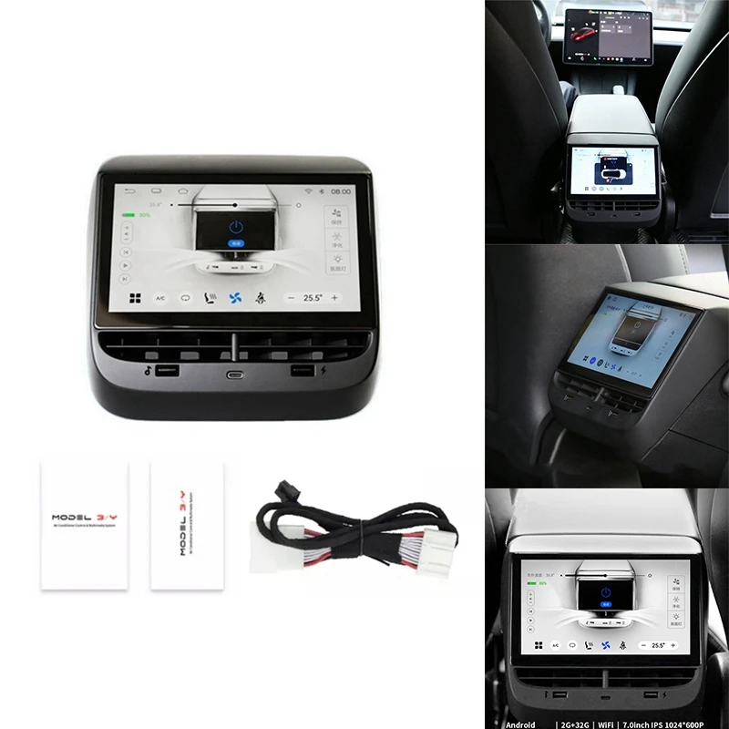 Rear Display Panel 7In Screen Android Black For Tesla Model 3 Y Air Conditioner Control IPS ,