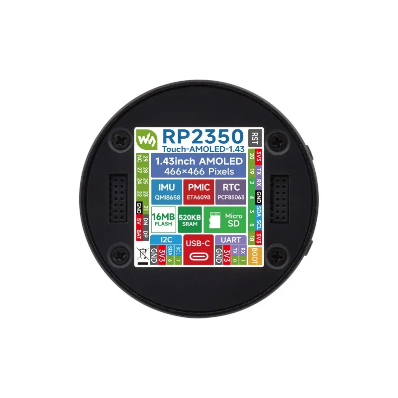 RP2350 1.43inch AMOLED Display Development Board,466×466,SPI Interface Round Display,Onboard Accelerometer And Gyroscope Sensor