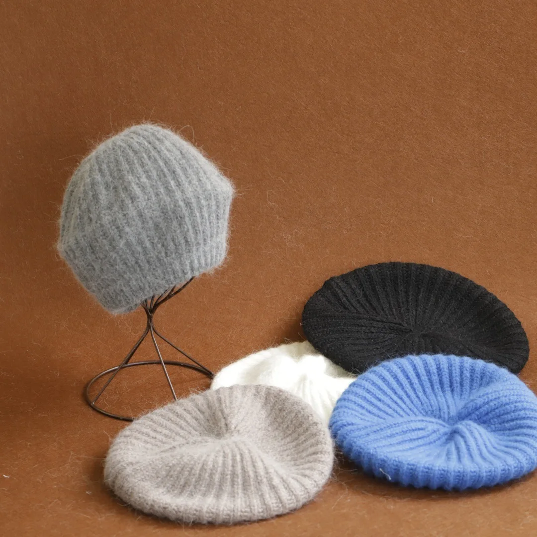 Women Mohair Knitted Beret Hat Fuzzy Fluffy Warm Lined Winter Beanie Solid Color Soft Vintage French Style Ladies Skull Cap