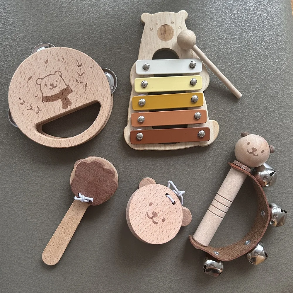 Newborn Wooden Musical Instruments Toys Wooden Bear Percussion Instruments Preschool Educational Toy for Baby Montessori Toys