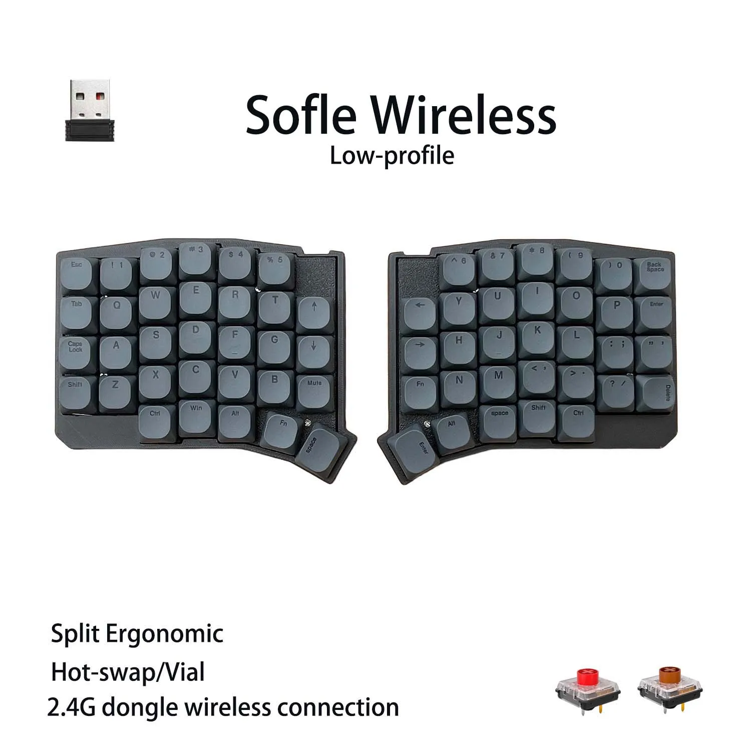 Choc Sofle Low profile Split Ergonomics Mechanical Keyboard Hot-swap 2.4G Wireless Connection VIAL Programmable