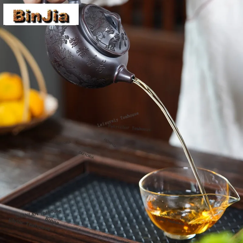 BAEJORIA 340ml Boutique Yixing Purple Clay Teapots Handmade Lotus Pot Raw Ore Antique Brass Mud Kettle Zisha Tea Set Tea Service