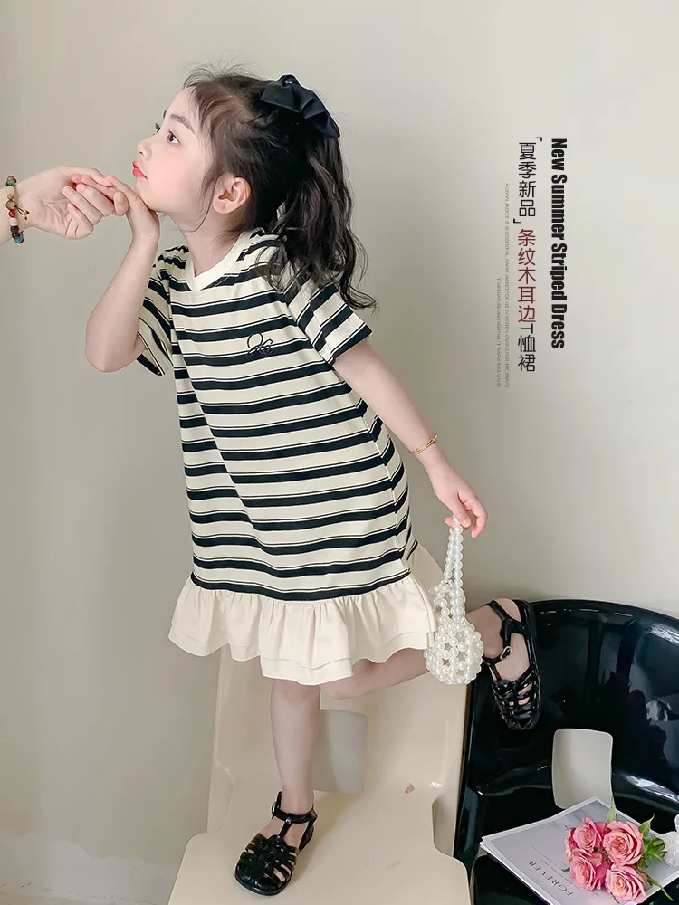 

Детское платье для девочек 2026: новая летняя коллекция, стильные платья для подростков, повседневные полосатые футболки-платья с коротким рукавом для детей 4, 6, 12 лет