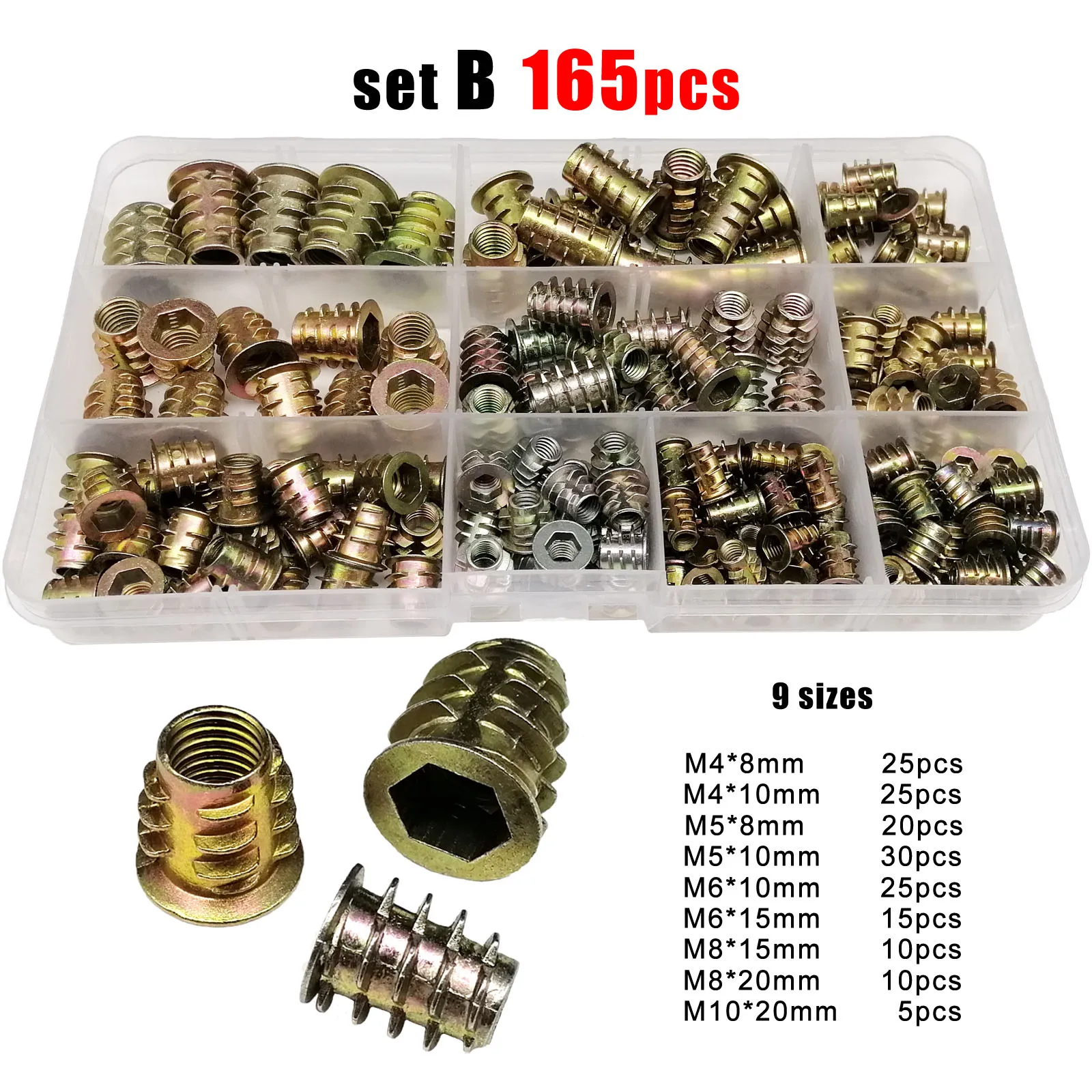 75/165pcs M4 M5 M6 M8 M10 Hex Hexagon Socket Head Wood Furniture Bed Cabinet Table Thread Embedded Insert Nut E-nut Set Kit Box