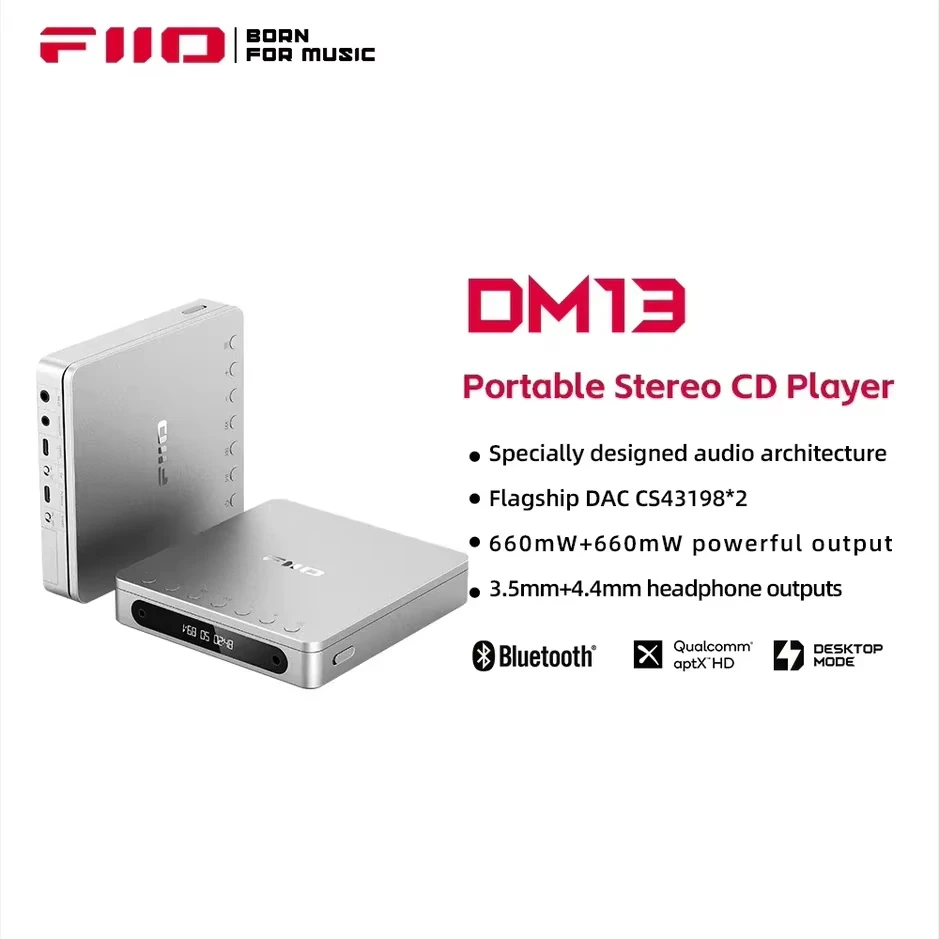 FiiO DM13 بلوتوث Hifi مشغل أقراص مضغوطة ستيريو 3.5 مللي متر/4.4 مللي متر يدعم نقل المسار المحمول ونقل Aptxhd مخصص