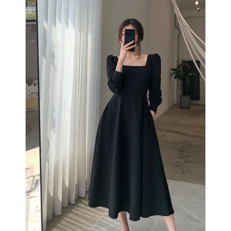 Women Square Neck Long Sleeve New Elegant Dress Spring Autumn French Vintage Hepburn Wind Chic Slim Sweet Female Long Dress 1550