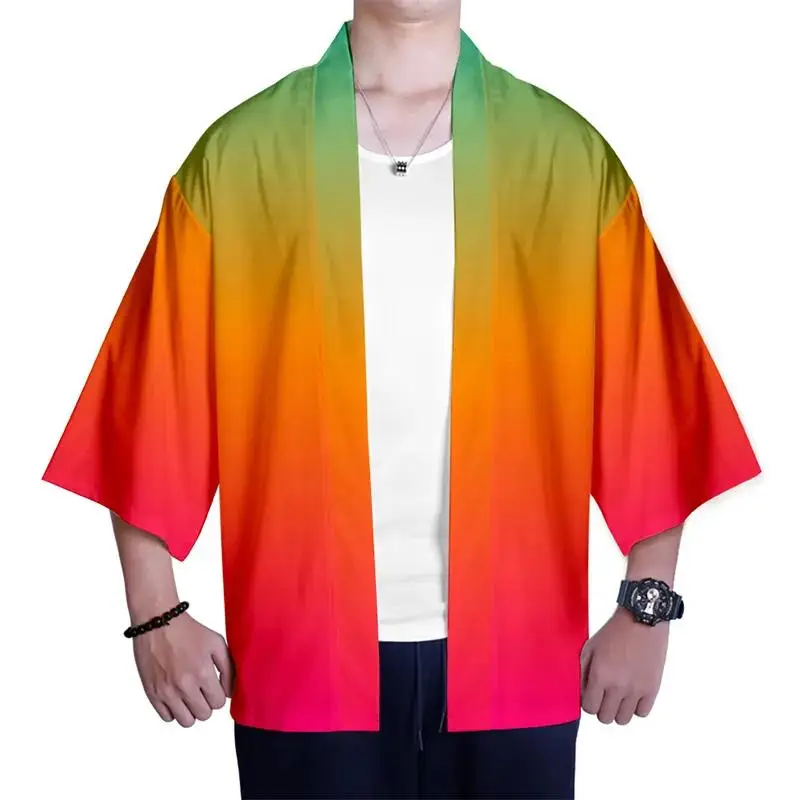 Japanische bunte Farbverlauf Kostüm 3D-Druck Kimono-Shirt Hip-Hop-Männer Sieben-Punkt-Ärmel Tops Regenbogen Strickjacke Jacke Streetwear