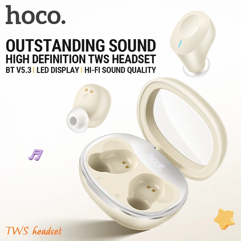 

hoco TWS true wireless headset with microphone BT 5.3 clear charging case display box 7h play stereo sound earphones earbuds mic