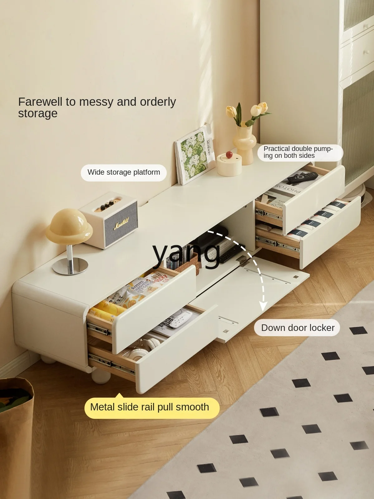 L'm'm Genji Muyu X Weisha Solid Wood TV Cabinet Living Room White TV Stand French Cream Style Storage Floor Cabinet