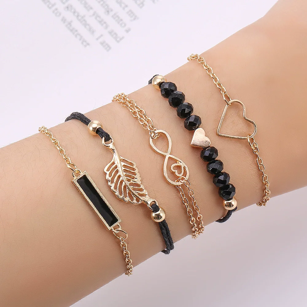 Personality Geometry Bracelets Set for Women Infinity Symbol Hollow Metal Heart Black Acrylic Beaded Beads Charms Bangle Jewelry