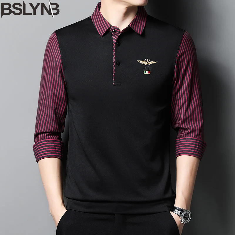 Luxury Men's Embroidered Long Sleeve Polo Shirts Male Business Casual Stripe Shirts Tops