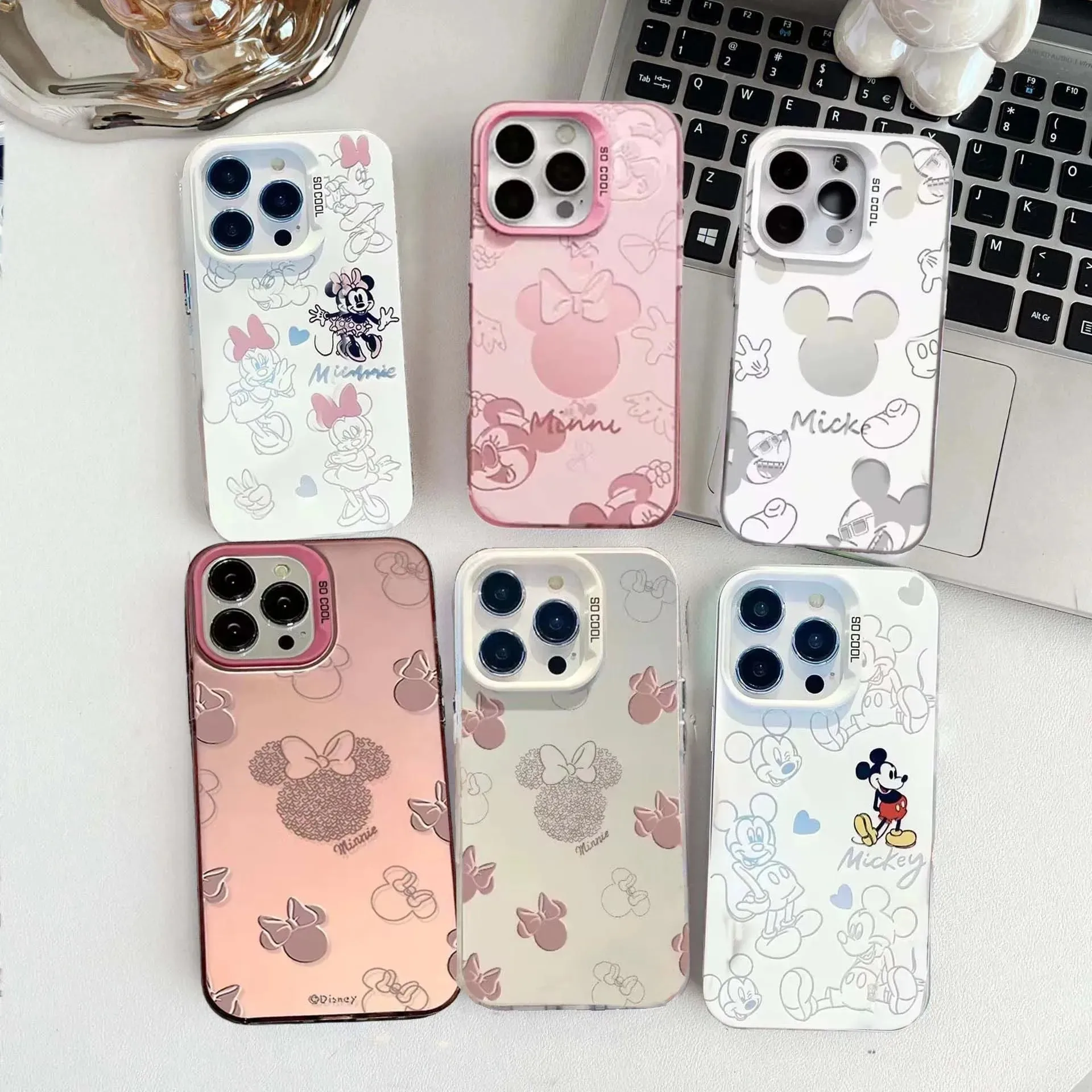 Capa de Celular Rosa Antichoque Fosca com Desenhos Animados Mickey e Minnie para iPhone 17 17e 16e 16 15 14 13 12 11 ProMax X XR XSMAX Air Plus