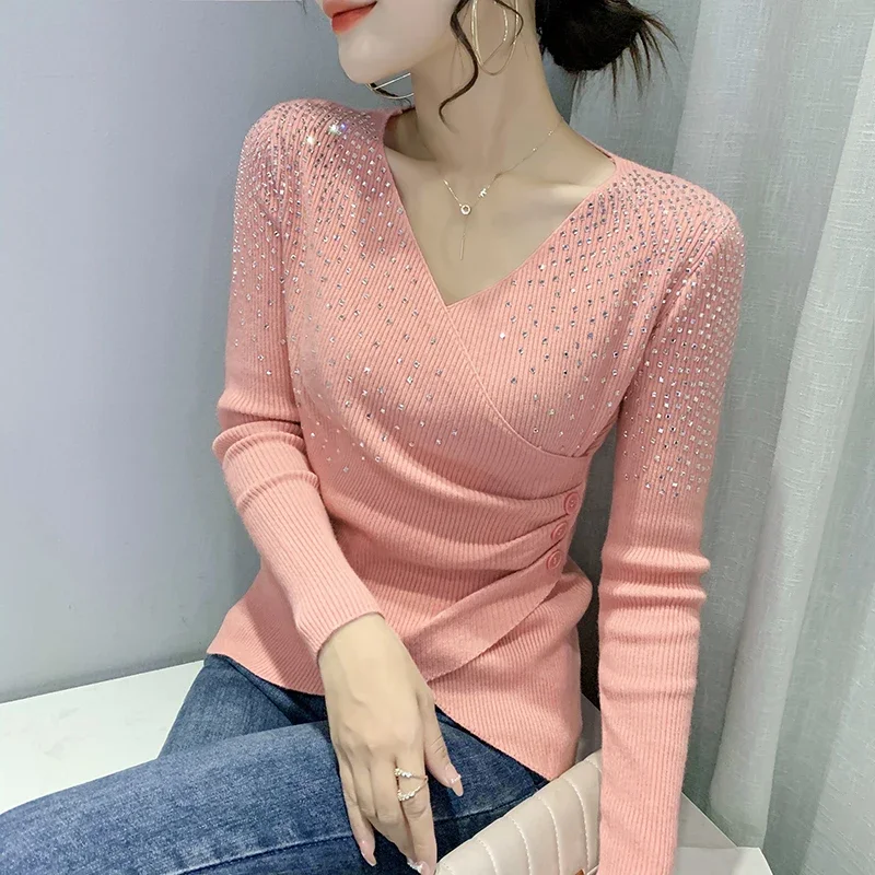 

European Clothes Sweater Women V Necks Irregular Slim Diamonds Knit Top Long Sleeve Elastic Tshirt Autumn V1020