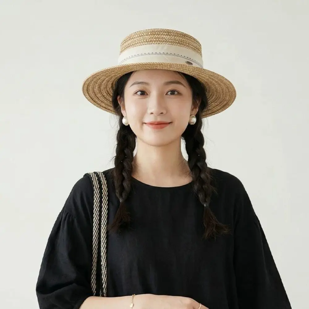 

Comfortable To Wear Boho Flat Top Straw Hat Wide Brim Breathable Weave Hat Korean Style Visor UV Protection Cap Holiday