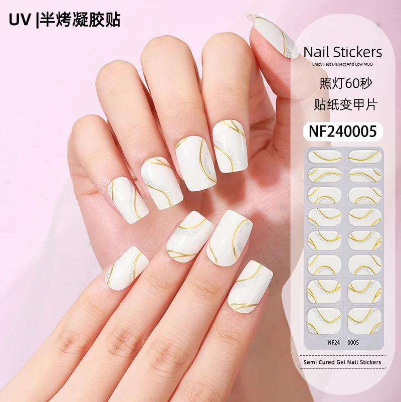 16Tips UV Semi Cured Gel Nail Strips French Tip Marble Gel Nail Stickers Half Roasted DIY Long-lasting Semi-Cured Gel Nail Kits