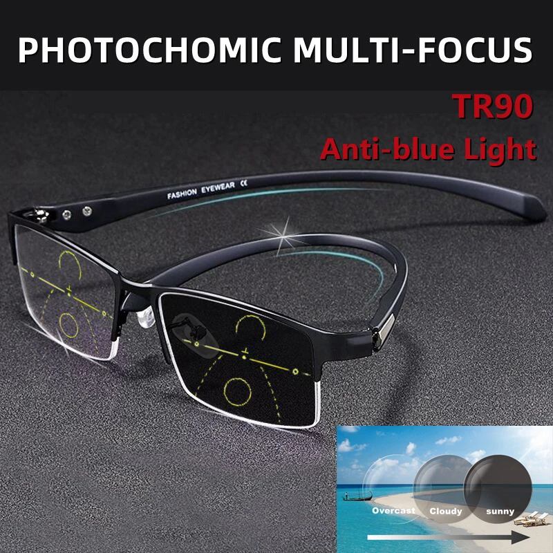 

TR90 Titanium Multifocal Reading Glasses Photochromic Men Women Progressive Bifocal Anti Blue Ray UV Protect Presbyopic Glasses