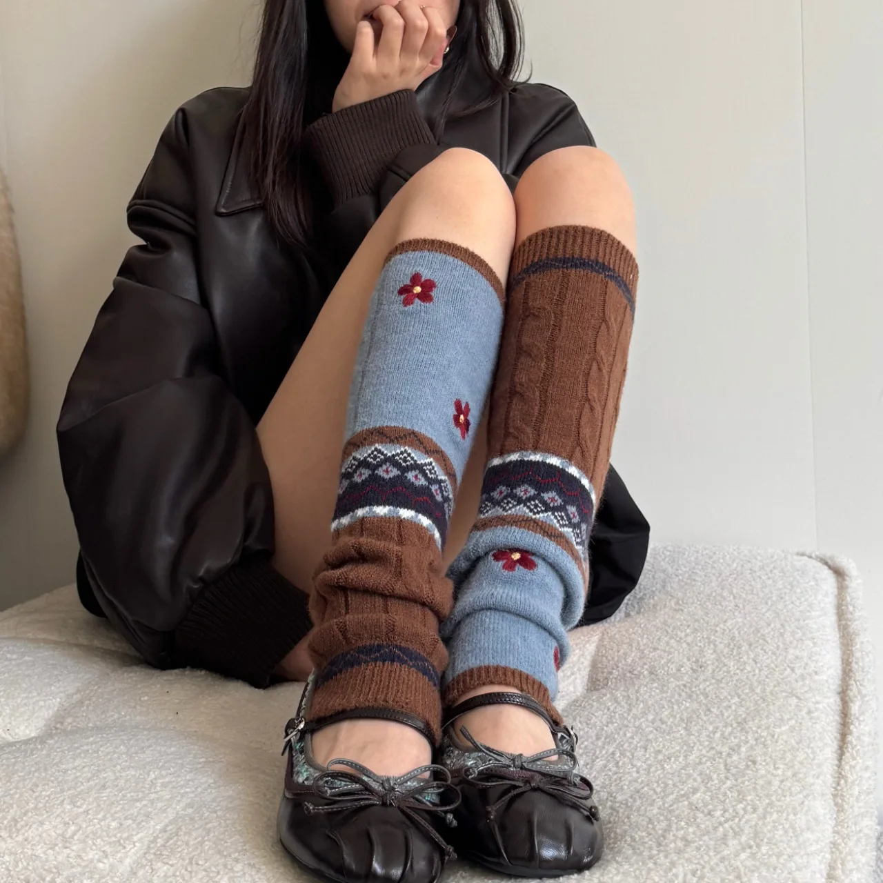 

Winter Vintage Embroidered Fair Isle Style Cashmere Sock Covers Knit Warm Stacking Socks Cute Patchwork Colour Niche Leg Warmers