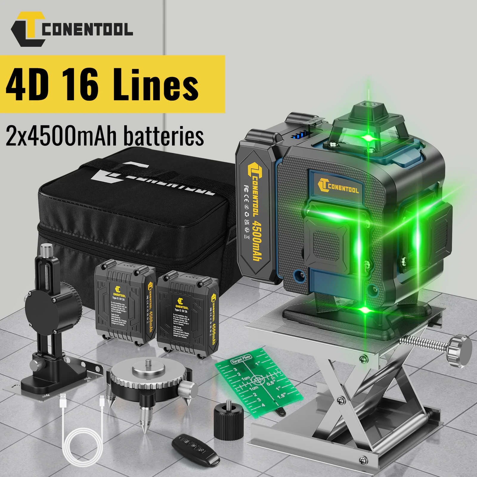 CONENTOOL Laser Level 4D 16 Lines Laser Green Line Self-leveling 360° Horizontal Vertical Cross Light Measure Professional Laser