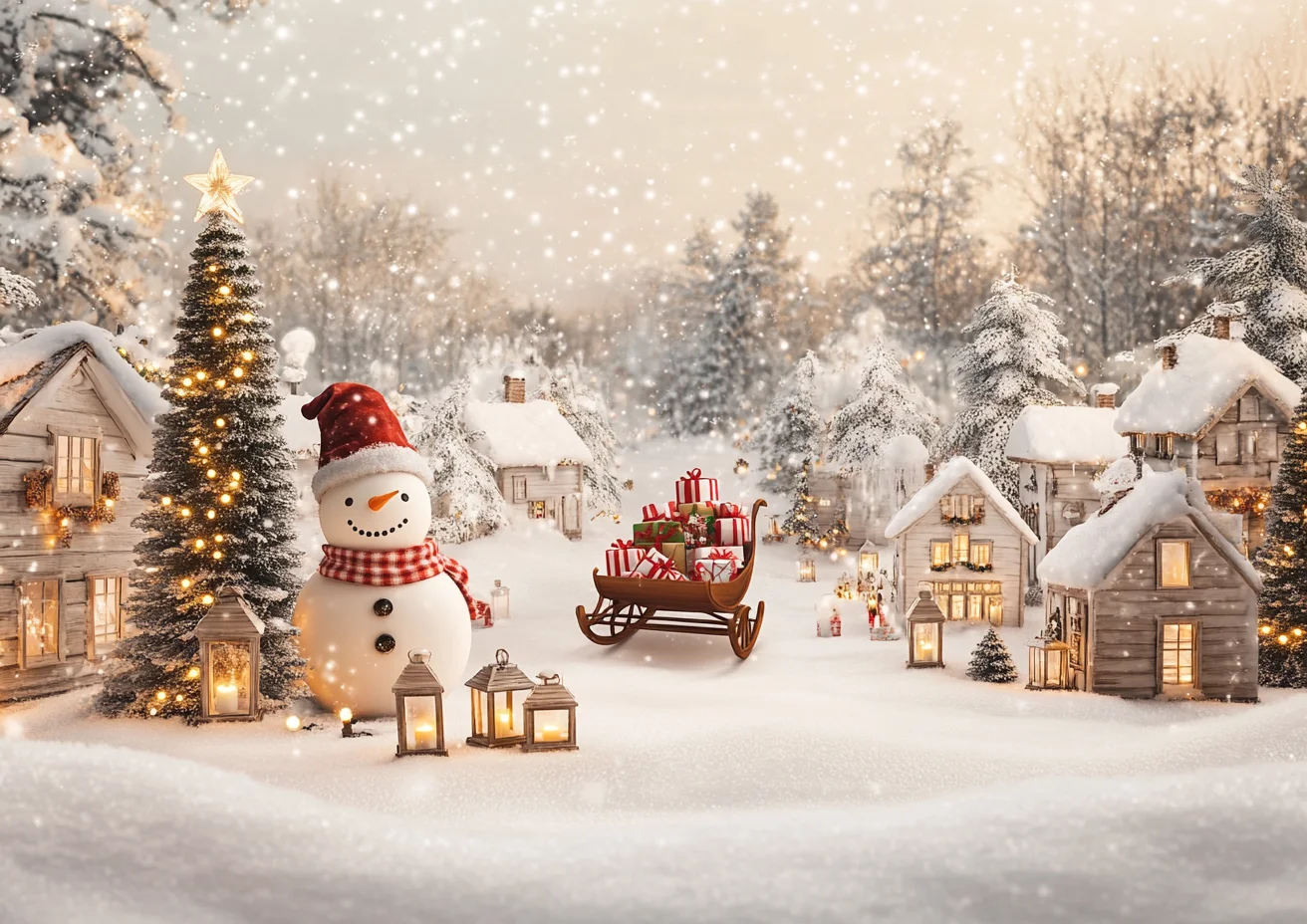 Fondo de fotografía de árboles de Navidad de muñeco de nieve de Navidad pared de madera rústica luces parpadeantes regalos decoración niños retratos telones de fondo