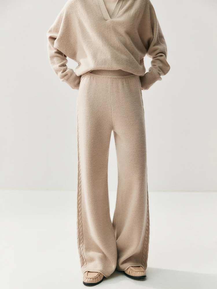 Grace Women's Straight Pants 100% Cashmere Wide Leg Pants Autumn Winter Pant Warm Knitted Rolled Edge Side Twist Flower Trousers