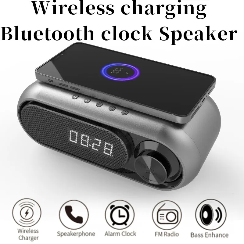 

Портативный Bluetooth-динамик, проводная Беспроводная зарядка, динамик, будильник, FM-радио, регулировка басов, AUX, TF, музыкальный режим, звуковая коробка