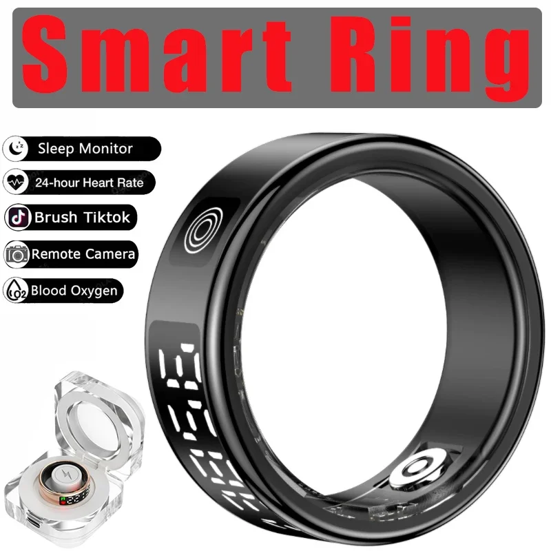 Smart Ring with Charging Box for Men Women-Step Health Tracker Heart Rate Blood Oxygen Monitor 5ATM Sleep Monitoring LCD Display