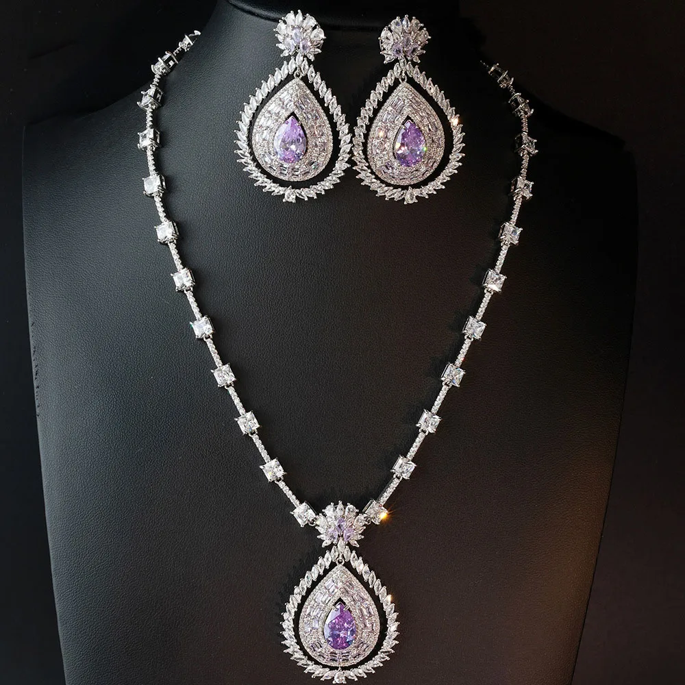 

European and American Style Luxury Shiny Purple Water Drop Necklace Earrings Women's Jewelry Set Wedding Bridal Gift M-1038