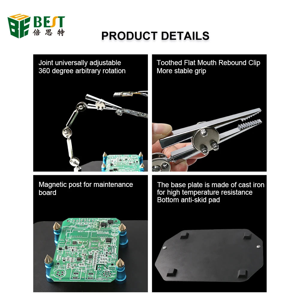 BST-168K Soldering Helping Hands Tool Clamp PCB Motherboard Holder Jig Fixture Stand with 2 Metal Flexible Arm Alligator Clip