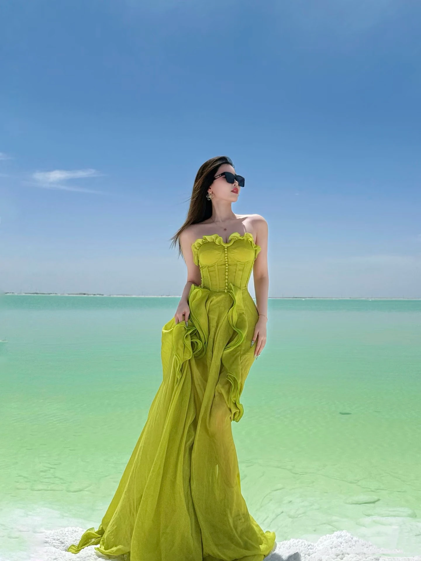 Green Strapless Maxi Dress Ruffle Chiffon Backless Corset Formal Evening Party Gown for Women Vacation