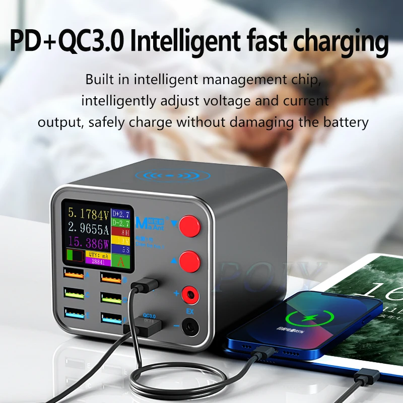 

Multifunctional Mini DC Power Supply LED digital display PD QC3.0 8Port USB charger wireless charge shortkiller circuit detector