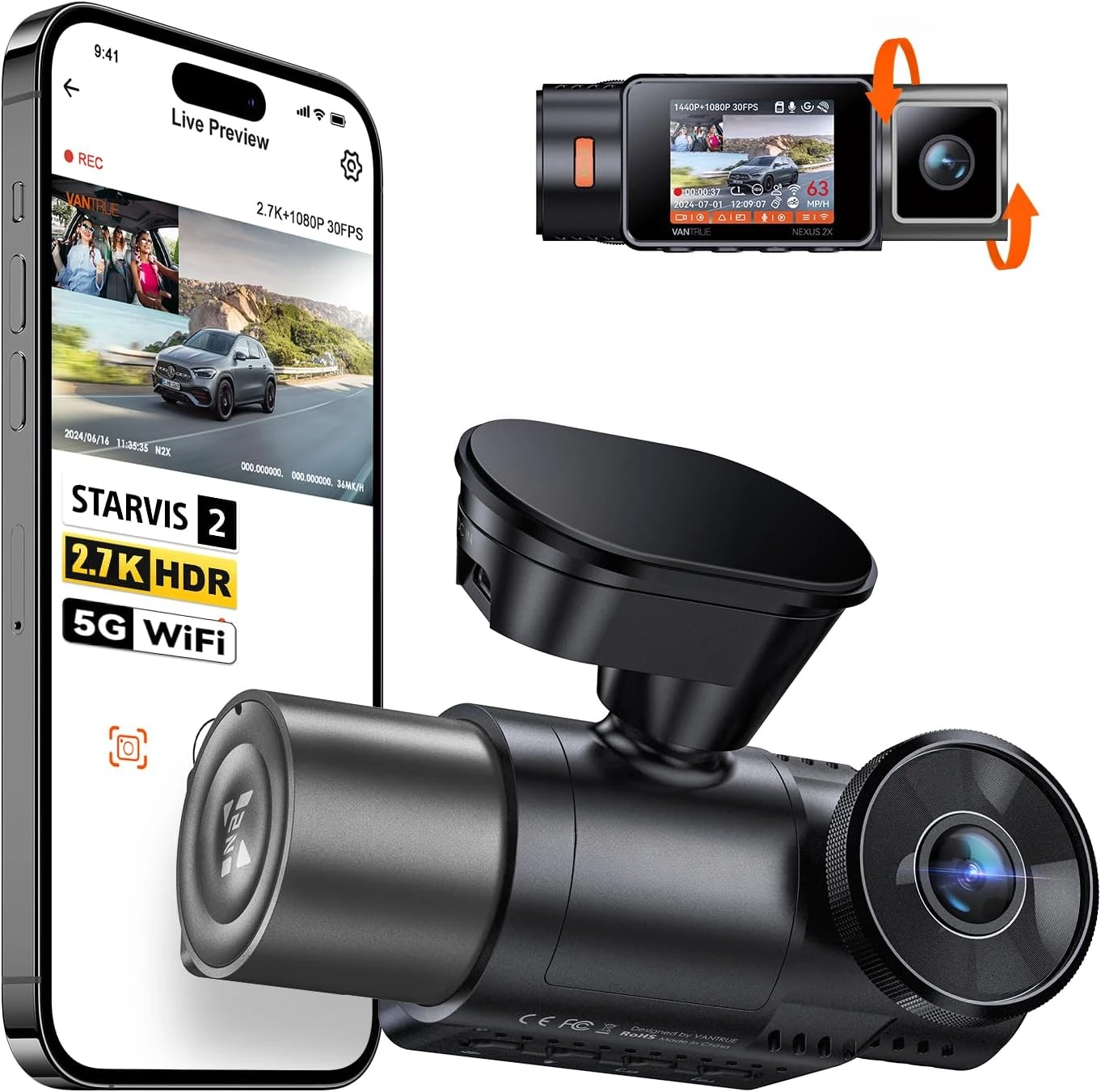 2 HDR IR Night Vision, GPS, LTE Support, 24/7 Buffered Parking Mode, 60FPS, Voice Control, Support 512GB Max