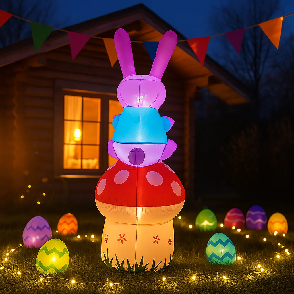 2.1m/7FT Easter Party Decorations Rabbit Sit on Mushroom Inflatable Built in LED Lights Indoor Outdoor Courtyard Props Ornament