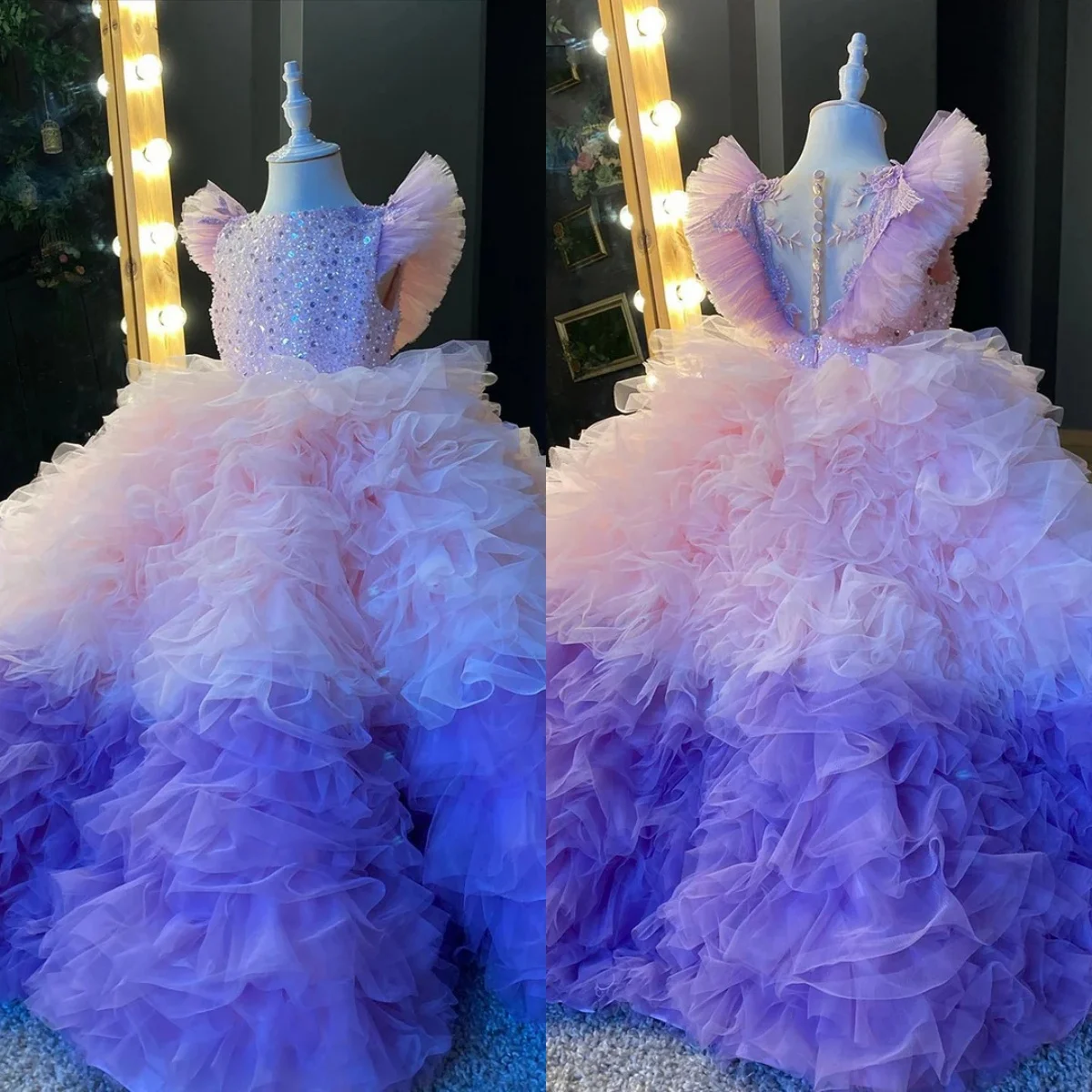 Ombre Princess Flower Girl Dresses Customized Beaded Ruffles Jewel Neck Gilrs Pageant Dress Little Kids First Communion Dress