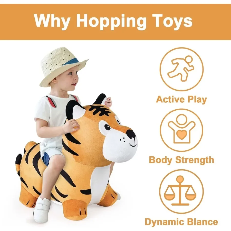 iPlay iLearn Giocattolo con tramoggia tigre rimbalzante per bambini: cavaliere rimbalzante gonfiabile con pompa Buttafuori per animali da giro in peluche per interni