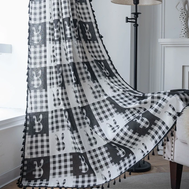 

Black and White Checkered Rabbit Print Fringe Curtains Polyester Cotton Semi-blackout Kitchen Valance Living Room Curtain