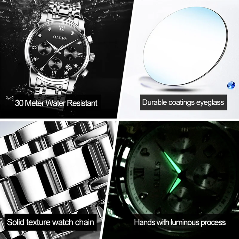 OLEVS Watches for Men Top Brand Luxury Chronograph Luminous Quartz Watch Fashion Business Waterproof Stainless Steel Wristwatch