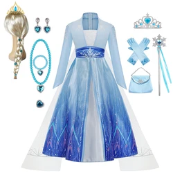 Disfraz de Elsa para niña, fiesta de cumpleaños, ropa de Carnaval de manga larga azul, vestido de princesa para niña