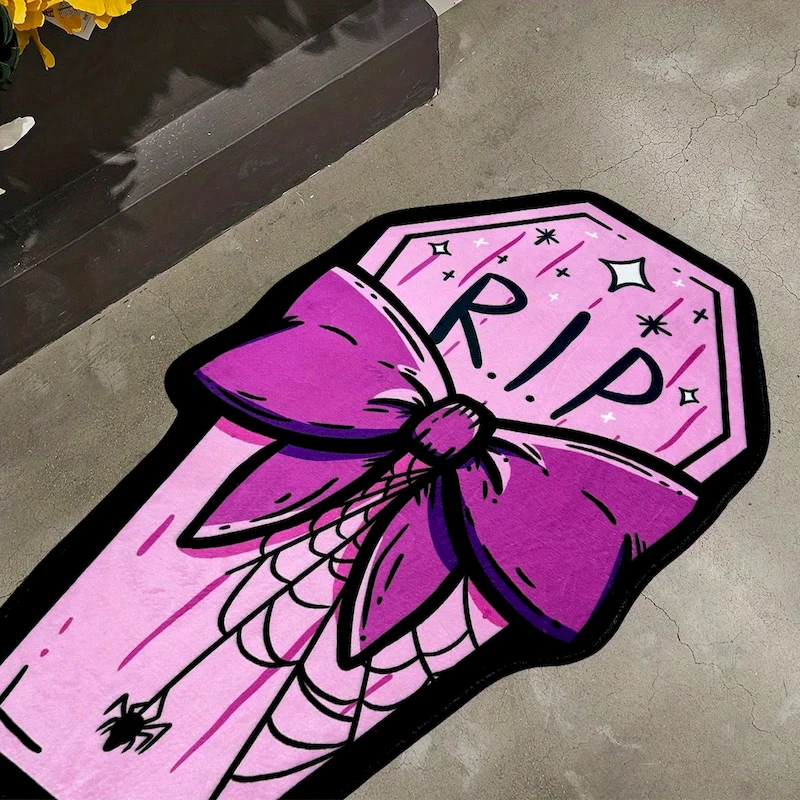 VIKAMA Pink Coffin shaped Carpet Gothic Horror Decorative Carpet Halloween Spider Printed Floor Mat Home Decoration