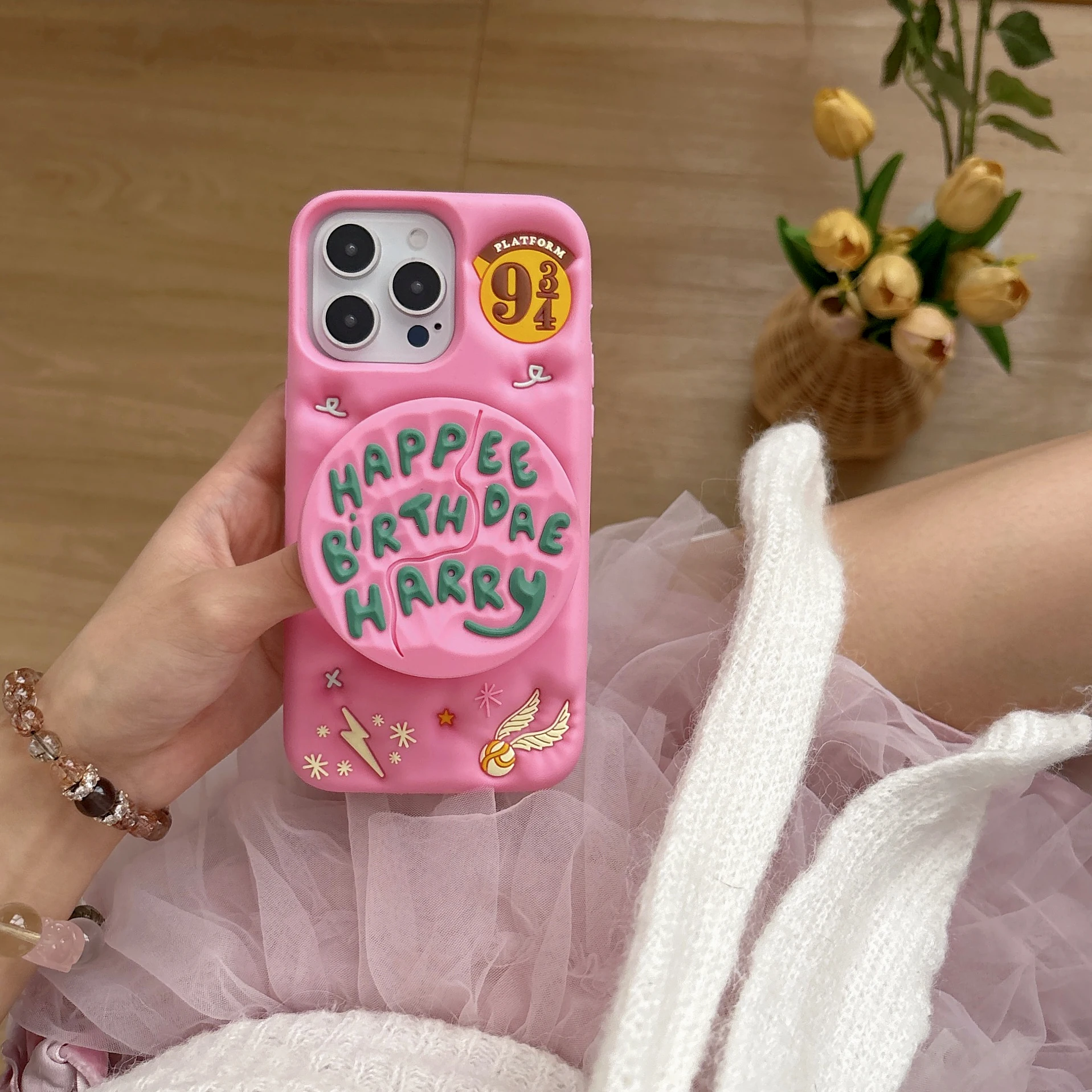 

3D Pink Phone Case with Invisible Telescoping Holder Soft Silicone Stand Back Cover,For iPhone 12 13 14 15 16 Pro Max,Shockproof