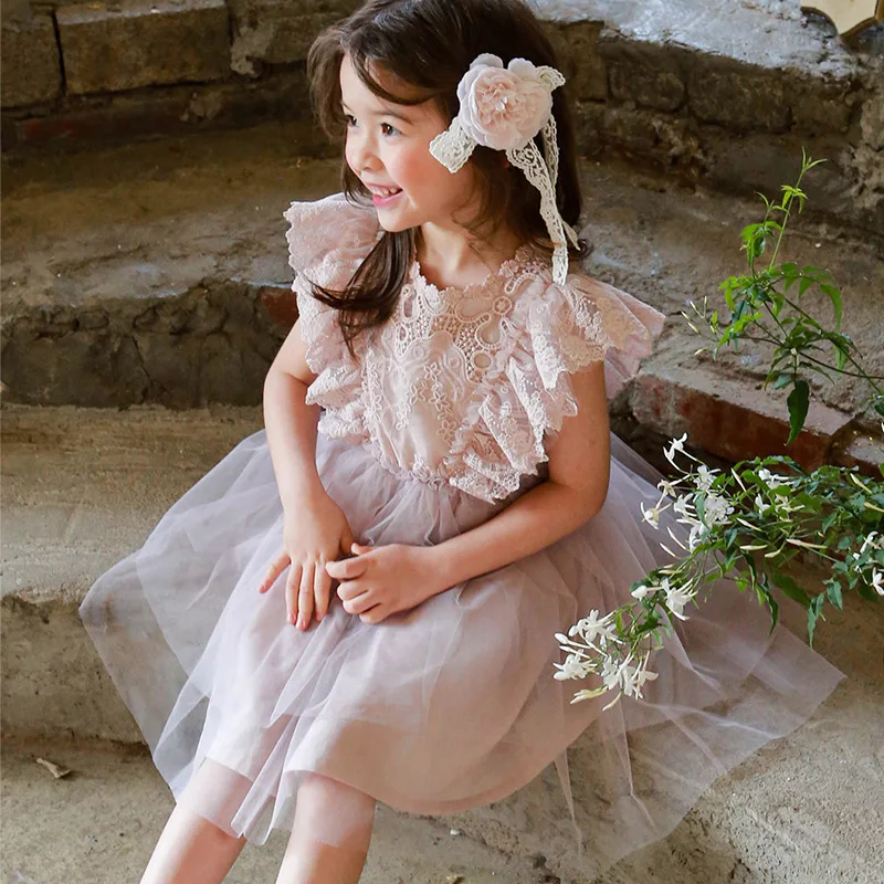 

2024 Hot Selling Summer New Korean Edition Children and Girls' Princess Style Lace Vest Yarn Dress Pure Cotton Solid Color Dress